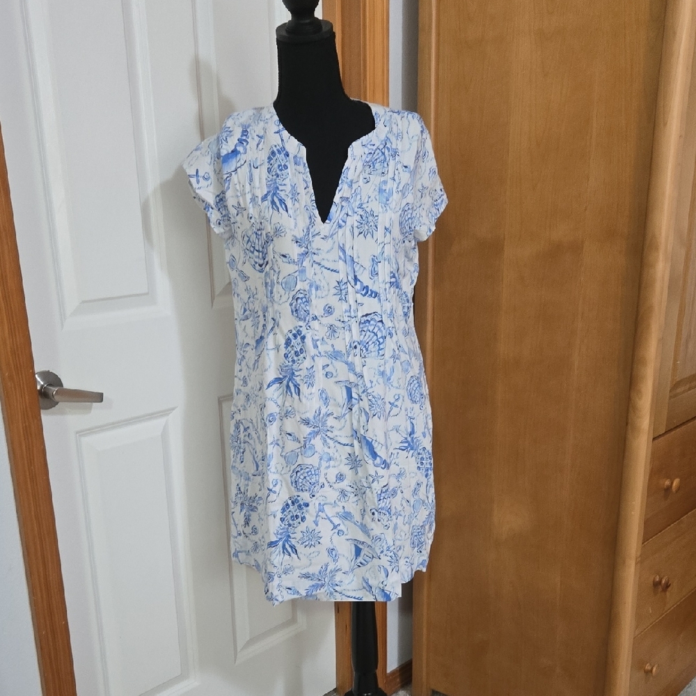 Lilly Pulitzer Blue and White Floral Notch-Neck Mini Dress